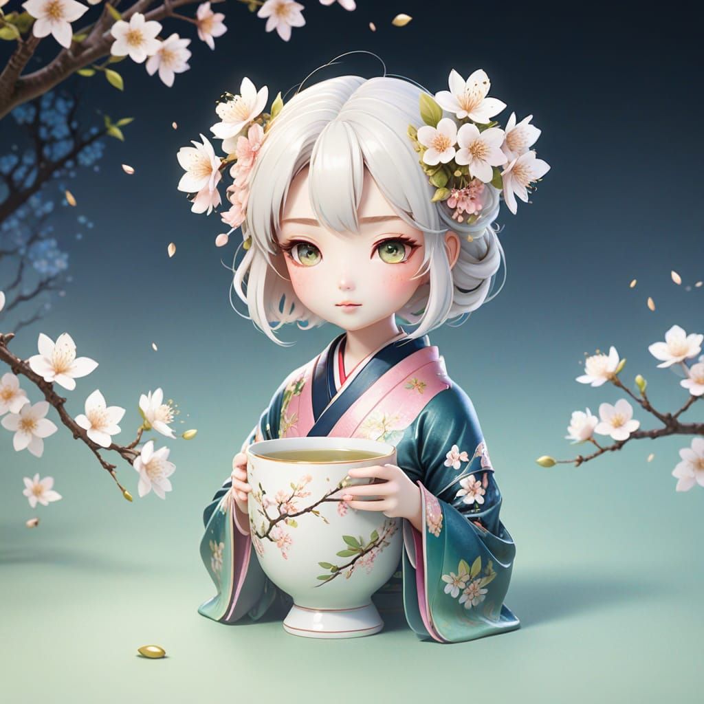 Serene Anime Girl in Cherry Blossom Garden, Steaming Green T...