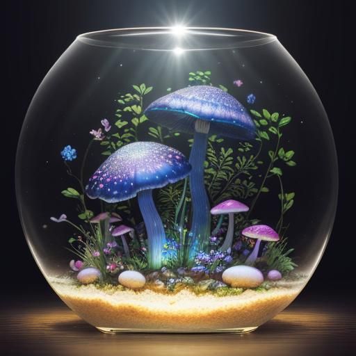 Glass Terrarium Snail with Glowing Mushrooms in Anime Style