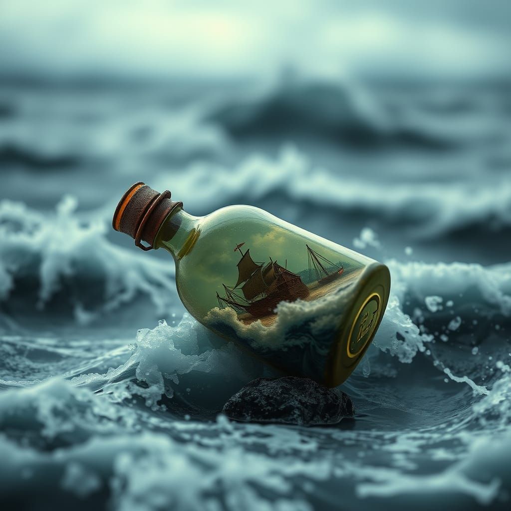 Miniature World in a Bottle on Stormy Seas