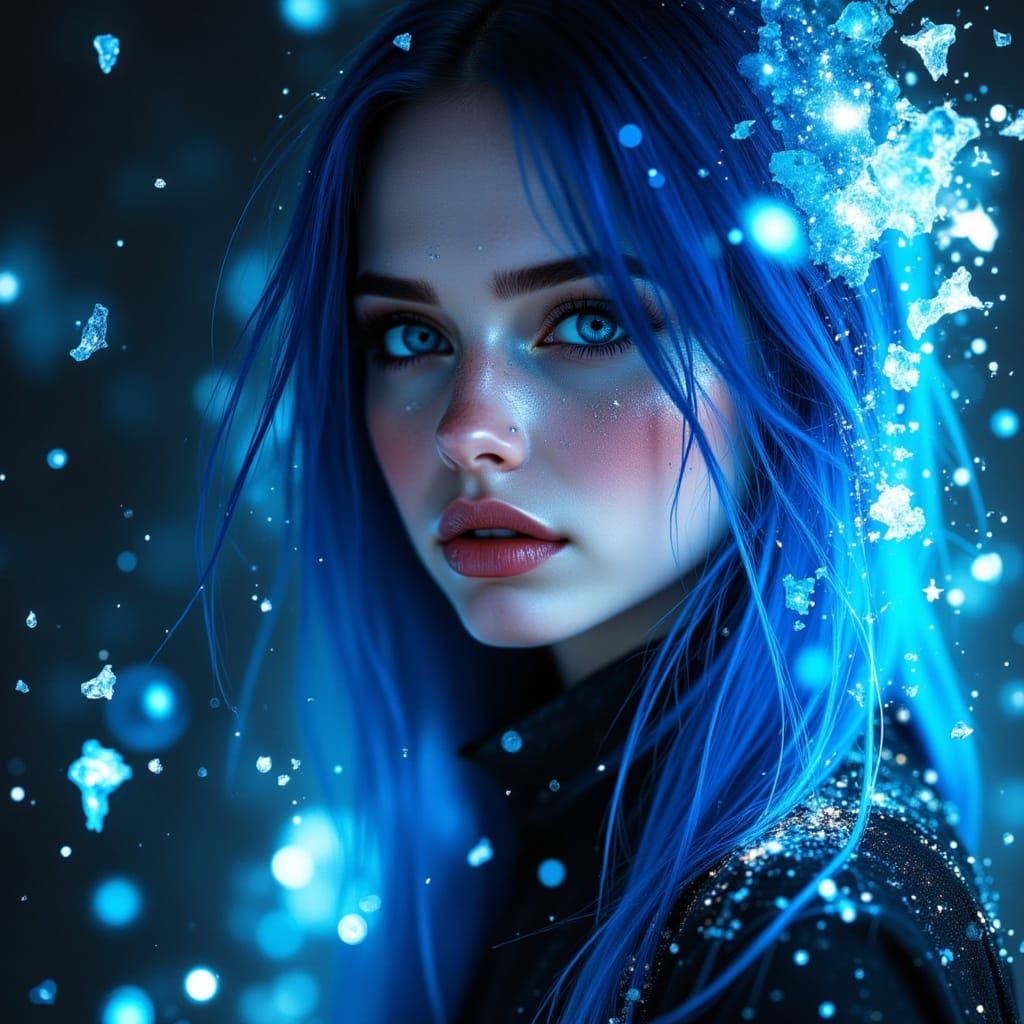 Electric Blue Portrait in Crystalline Dreamscape