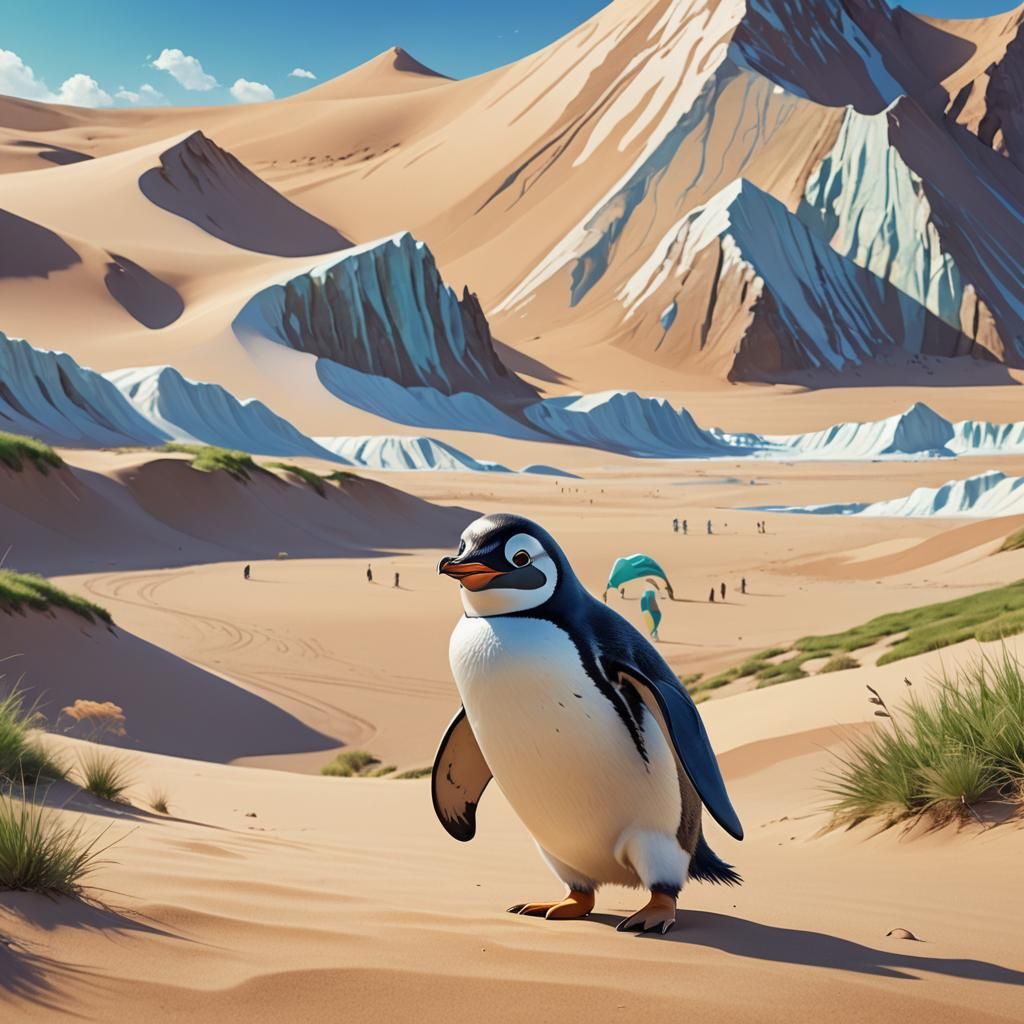 Penguin Waving in Sahara Desert Glacier: Pixar Style
