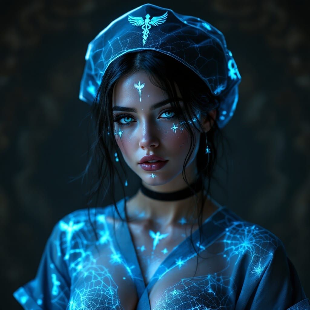 Gothic Nurse in Azure Spider Web Scrubs with Bioluminescent...