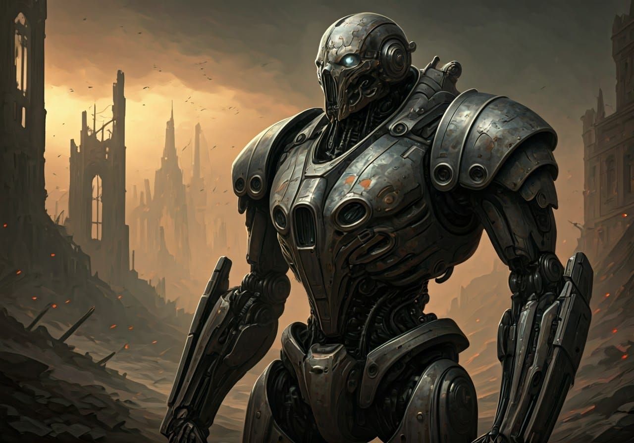 Mechanoid Warrior Victory in Dystopian Sci-Fi Landscape
