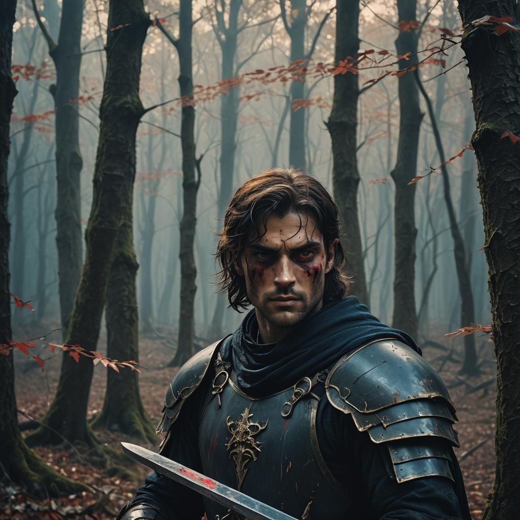 Dark Knight in Enchanted Forest, Cinematic Portrait