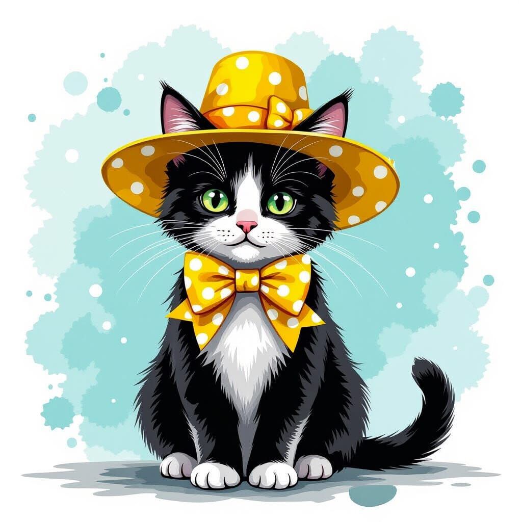 Cat in Polka Dot Hat, Watercolor Style