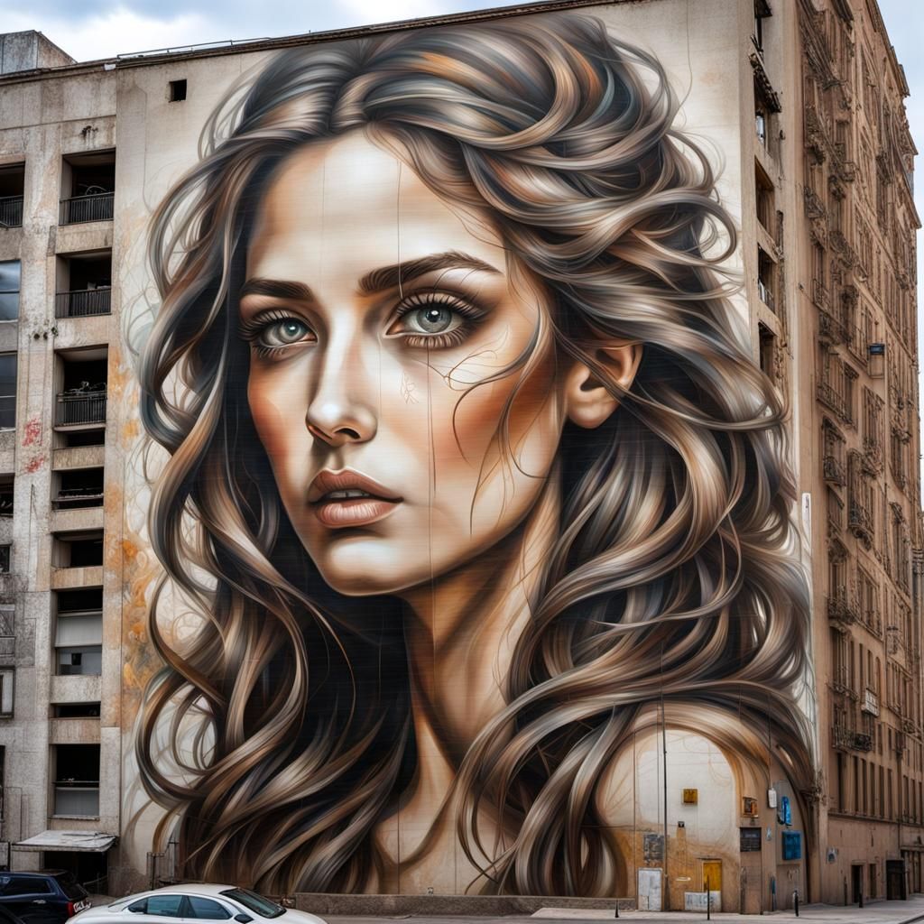 Mural of Young Goddess on Tall Building