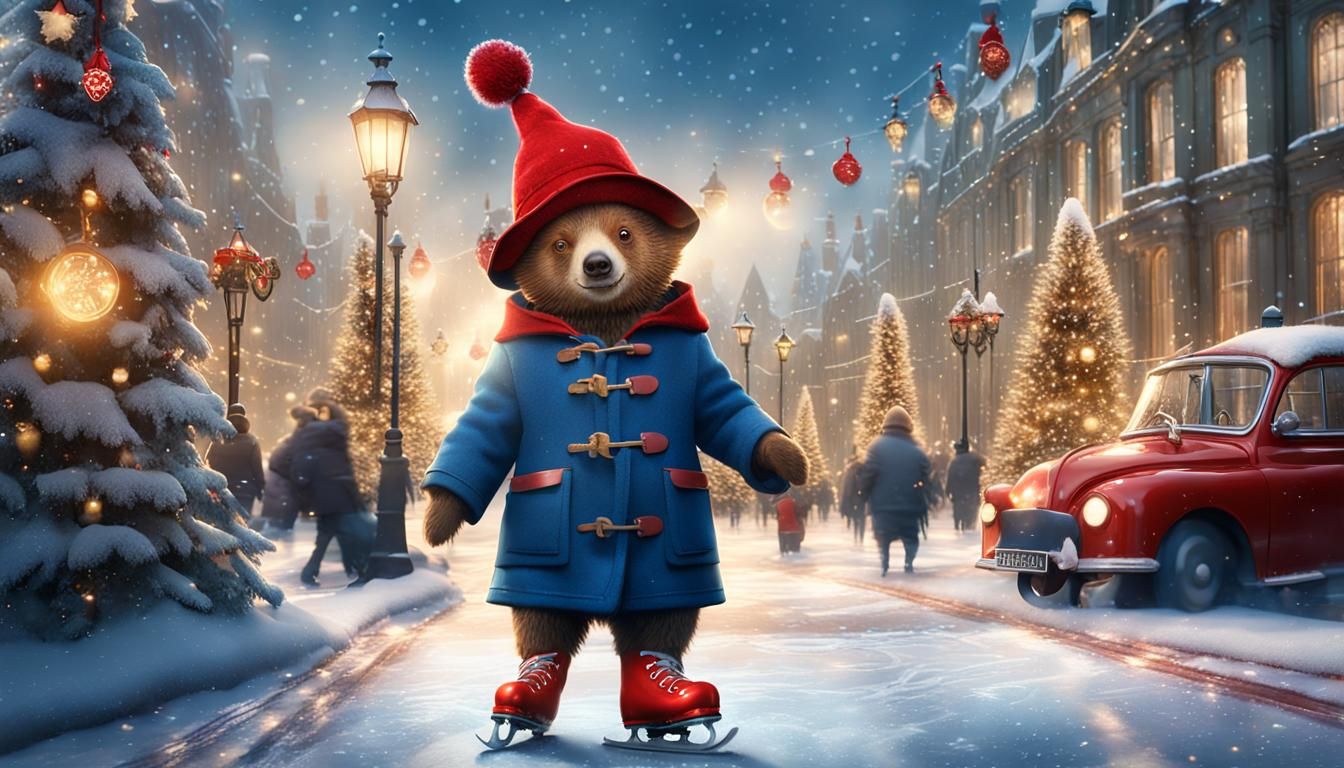 Paddington Bear Ice Skating in London at Xmas