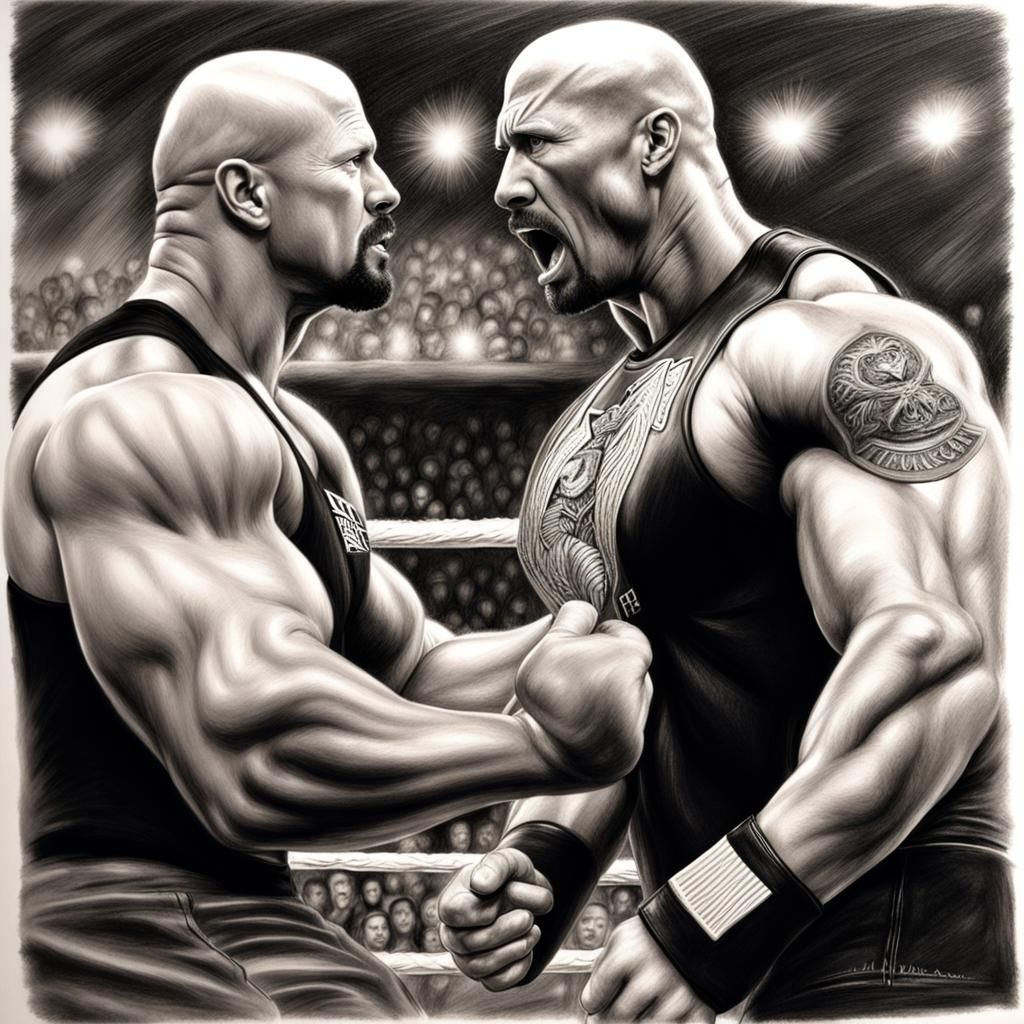 Stone Cold vs The Rock: Hyperdetailed Charcoal Art
