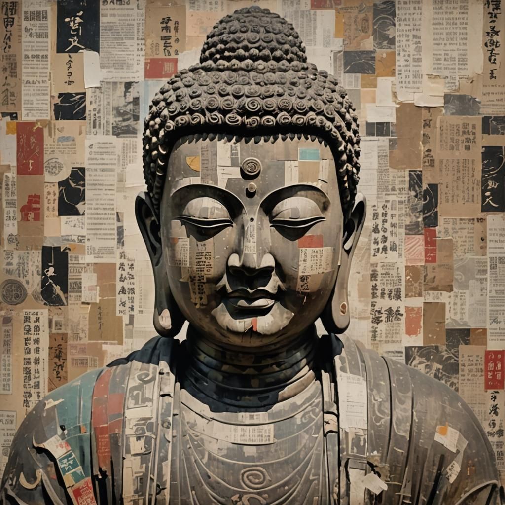 Paper Collage Portrait of Japanese Buddha Statue