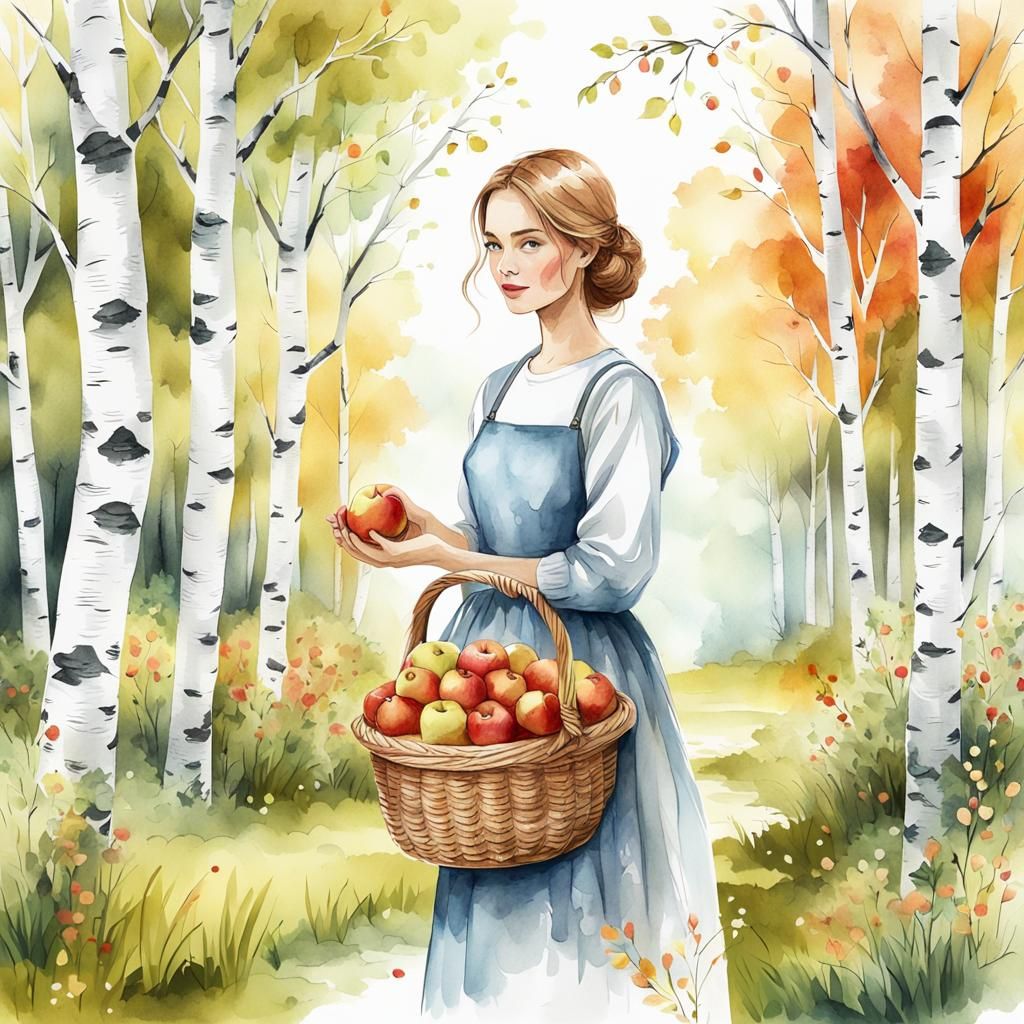 Girl with Apple Basket: Digital Watercolor Illustration