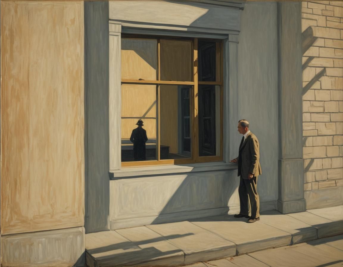 Nostalgic Figure in Edward Hopper Style Oil Painting