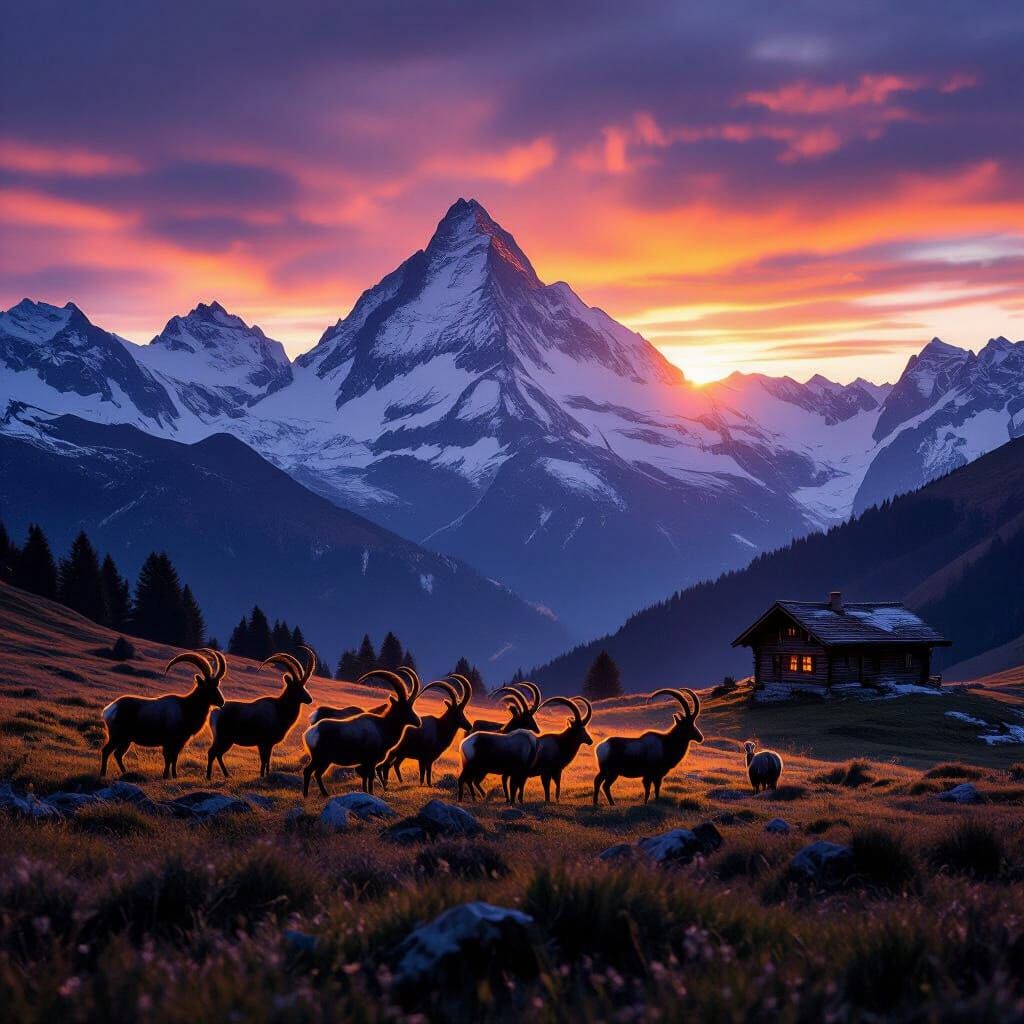 Majestic Ibex Herd at Dramatic Alpine Sunset