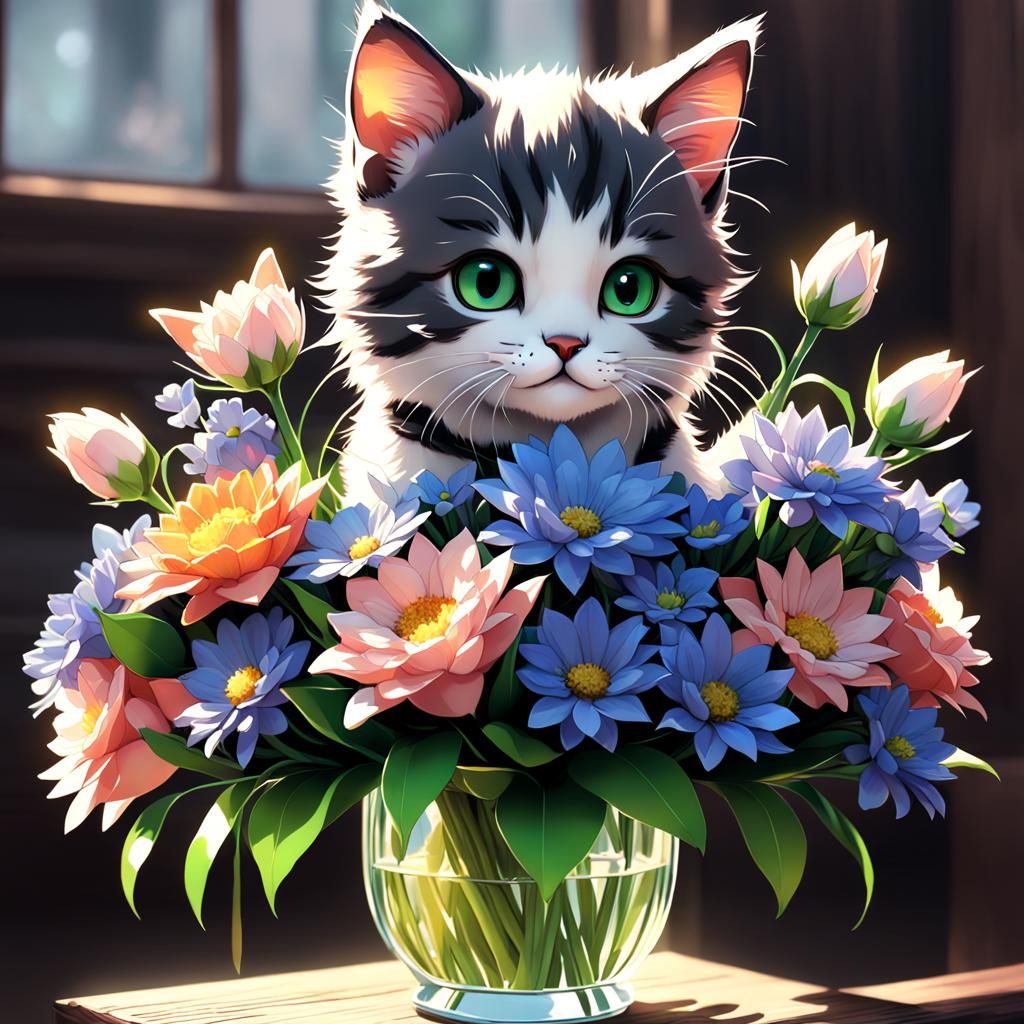 Anime Kitten Bouquet in 3D Art Style