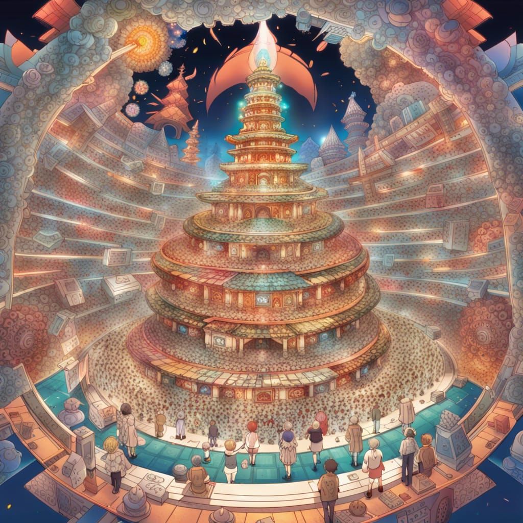 Ornate Mandala Temple of Singing Heads in Anime Style