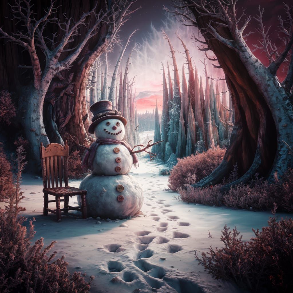 Fantastical Snowman Scene in Magical Forest