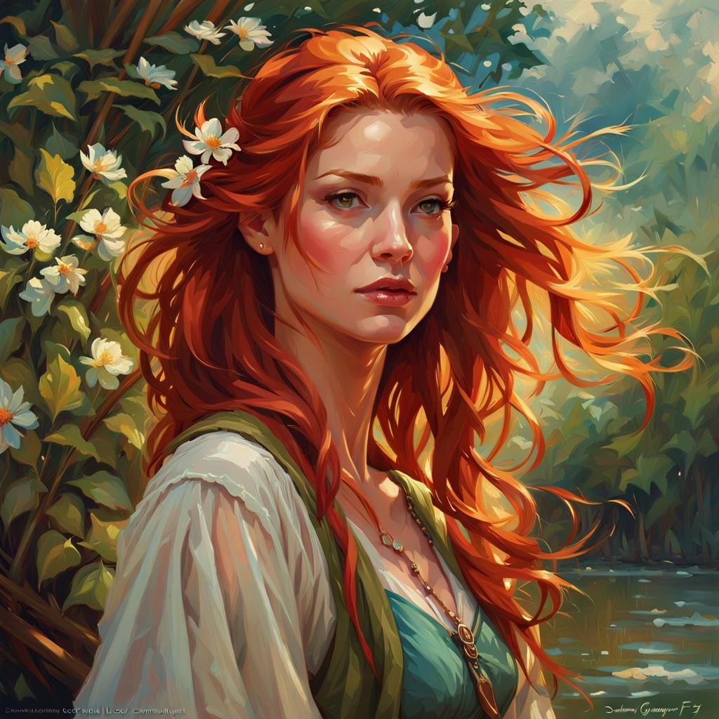 Confident Redhead Woman Portrait in Fantasy Art Style