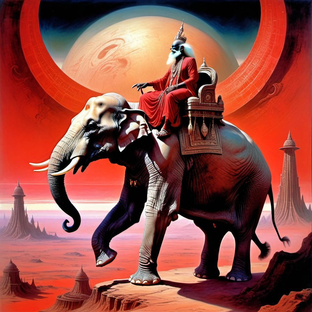 Futuristic Reptilian God Riding Elephant, Digital Art
