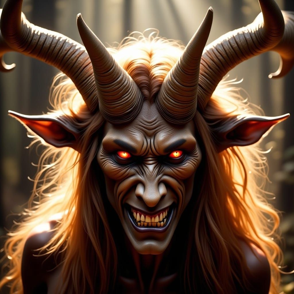 Oni Face Close-up with Red Eyes and Sharp Horns