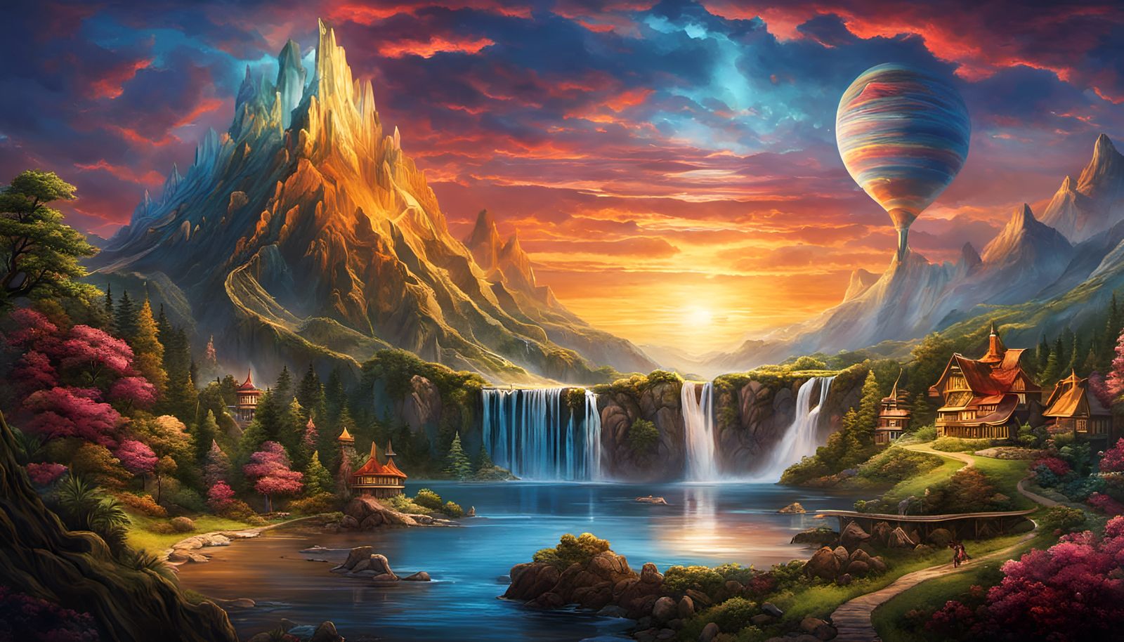 Fantasy Fairy Mountain Town by Waterfalls at Sunset