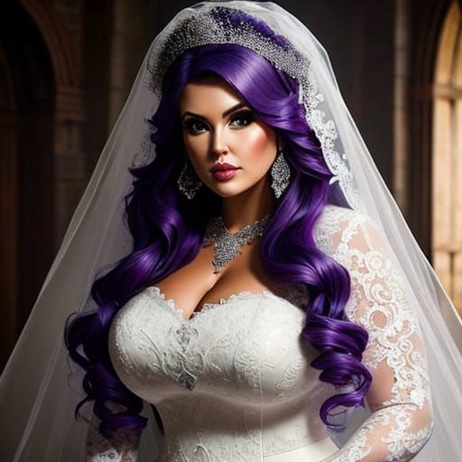 Plus-Sized Biker Bride in Lace Dress with Purple Hair