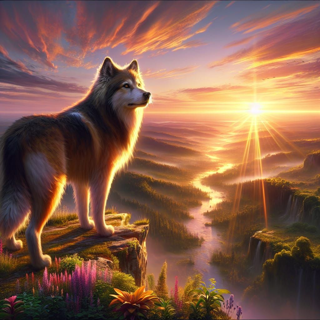 Dog Guardian at Sunrise Over Wildflower Valley