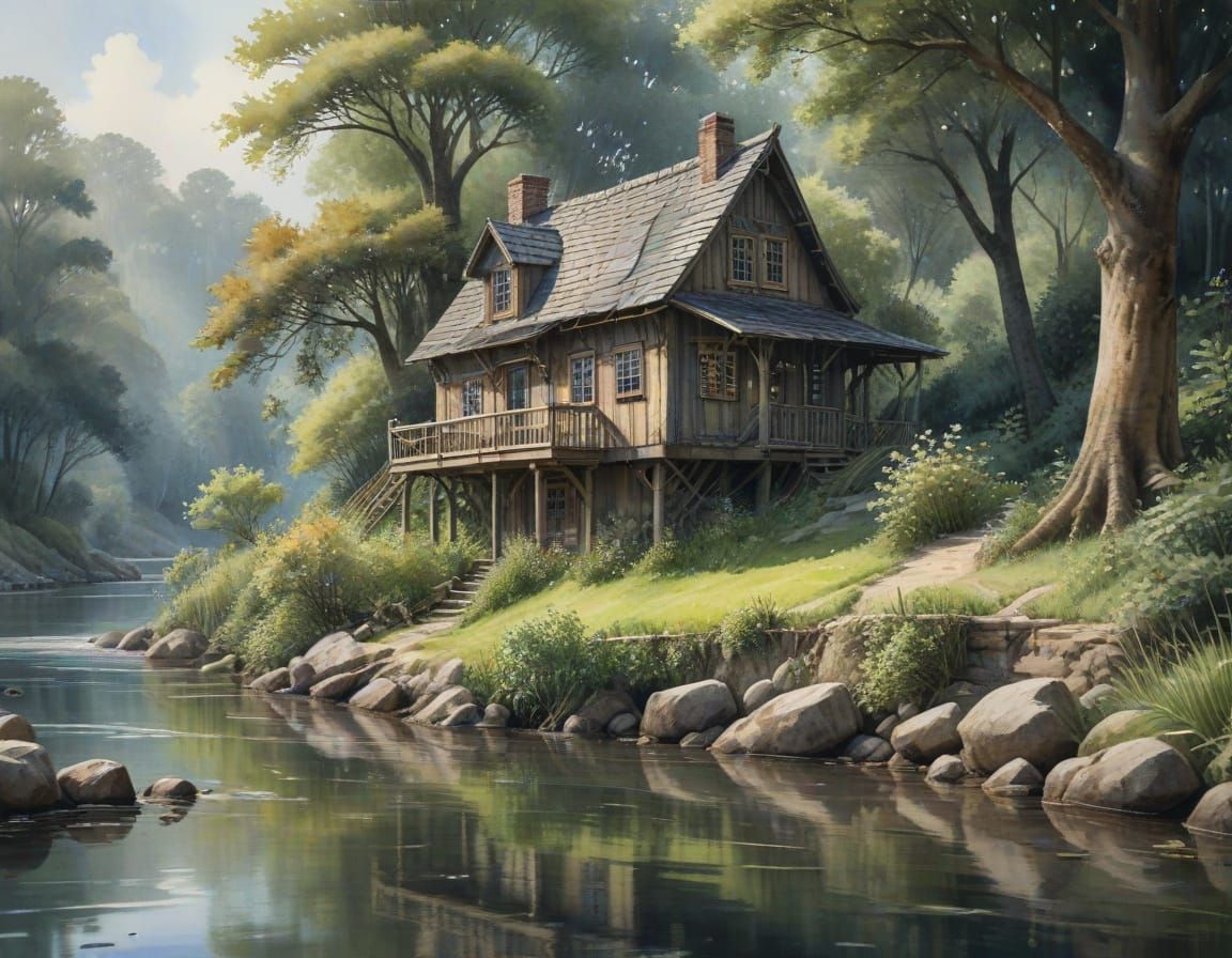 Secluded Wooden House in Watercolor Style