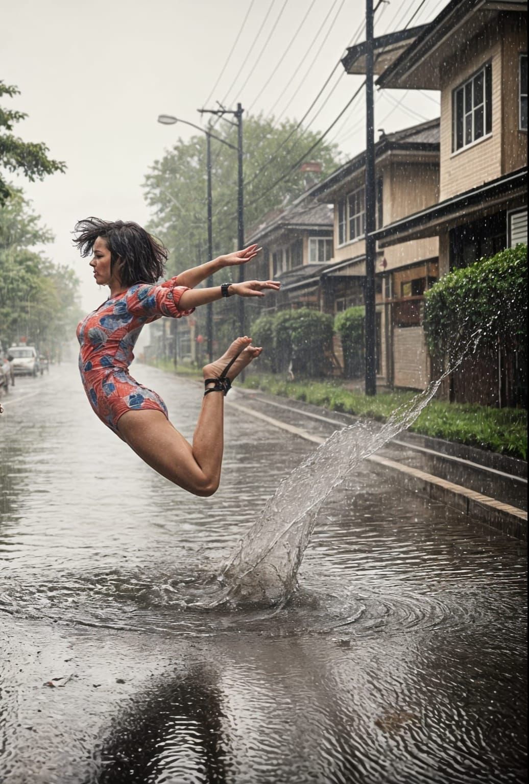 Woman's Fearless Dive into Rainy Puddle