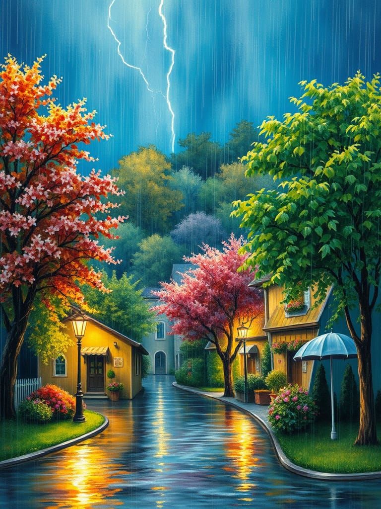 Rainy Village Scene in Impressionistic Style