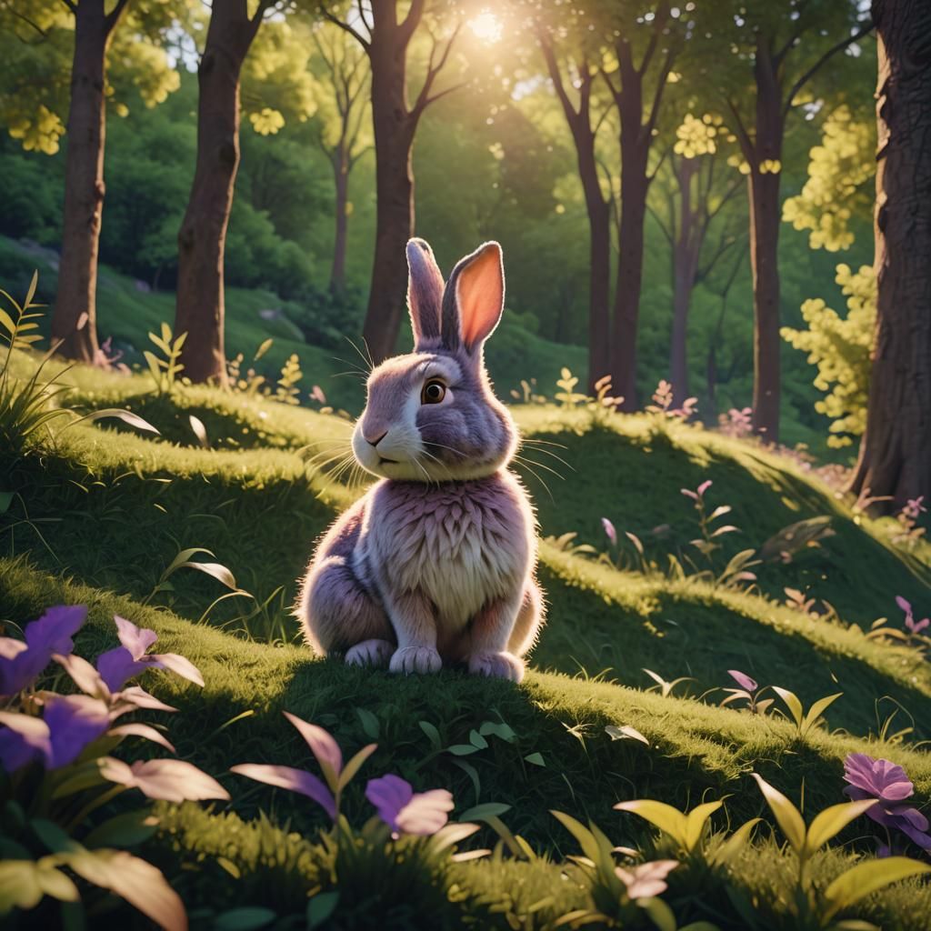 Purple Rabbit on Green Hill in Golden Hour