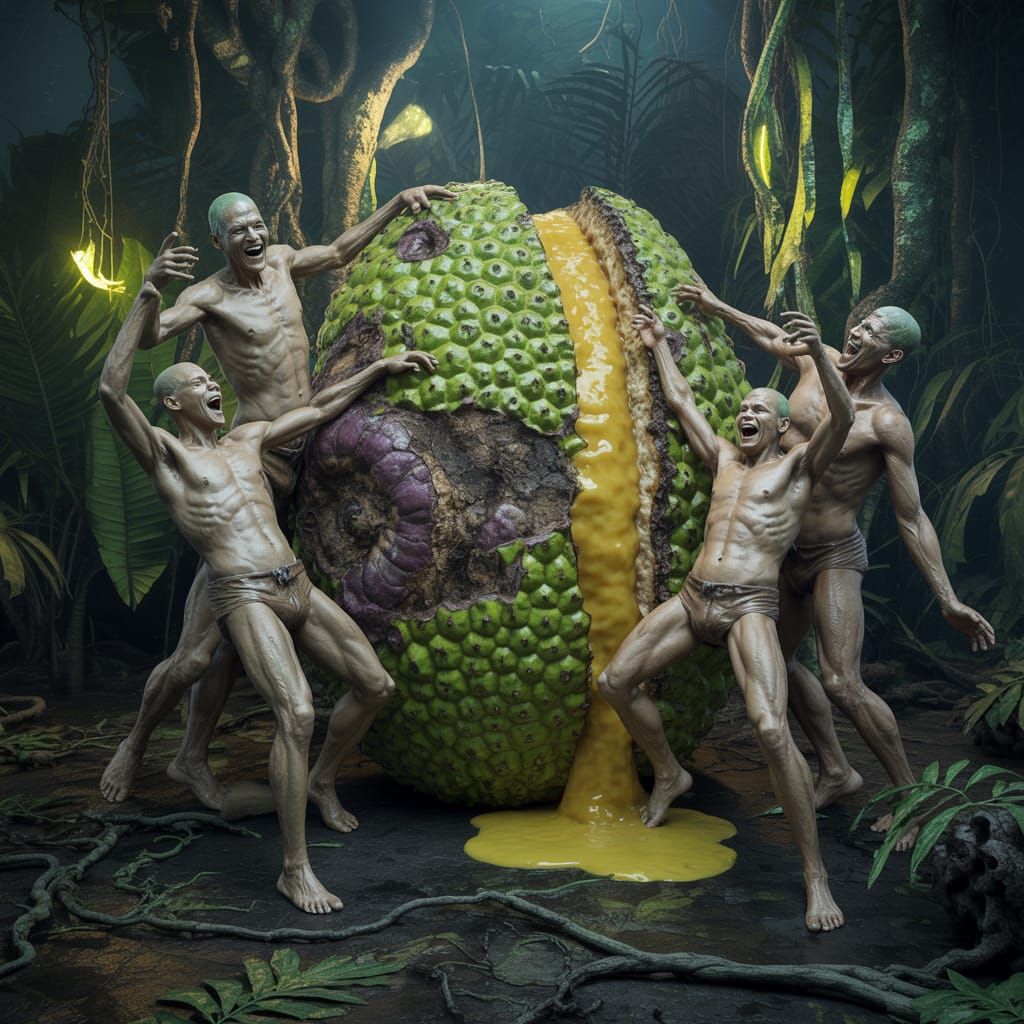 Eerie Jungle Scene: Humans Worship Giant Breadfruit