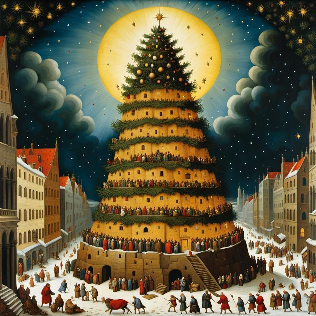 Tower of Babel as Christmas Tree in Oil Painting Style