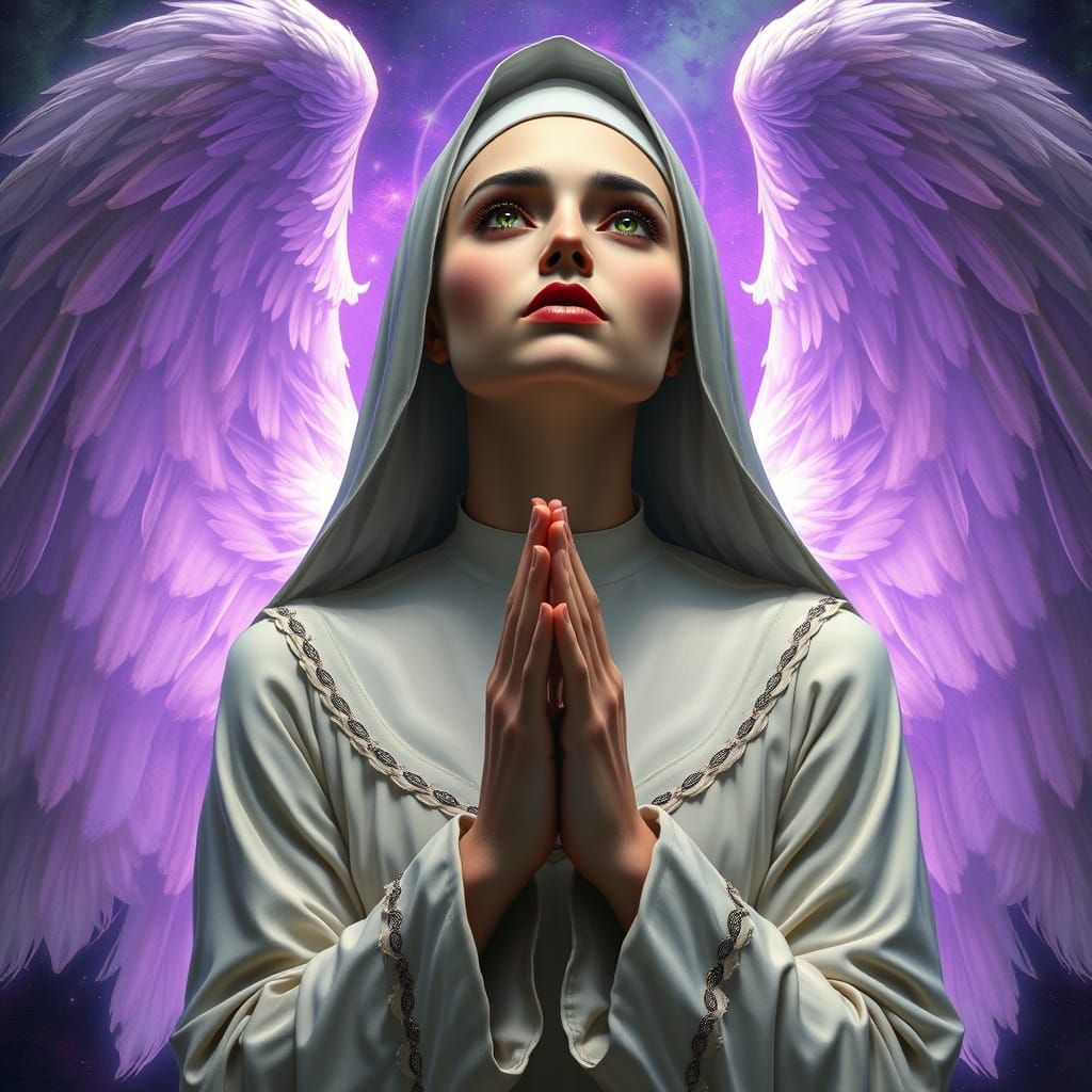 Surreal Angel Nun with Seductive Smile and Glowing Eyes
