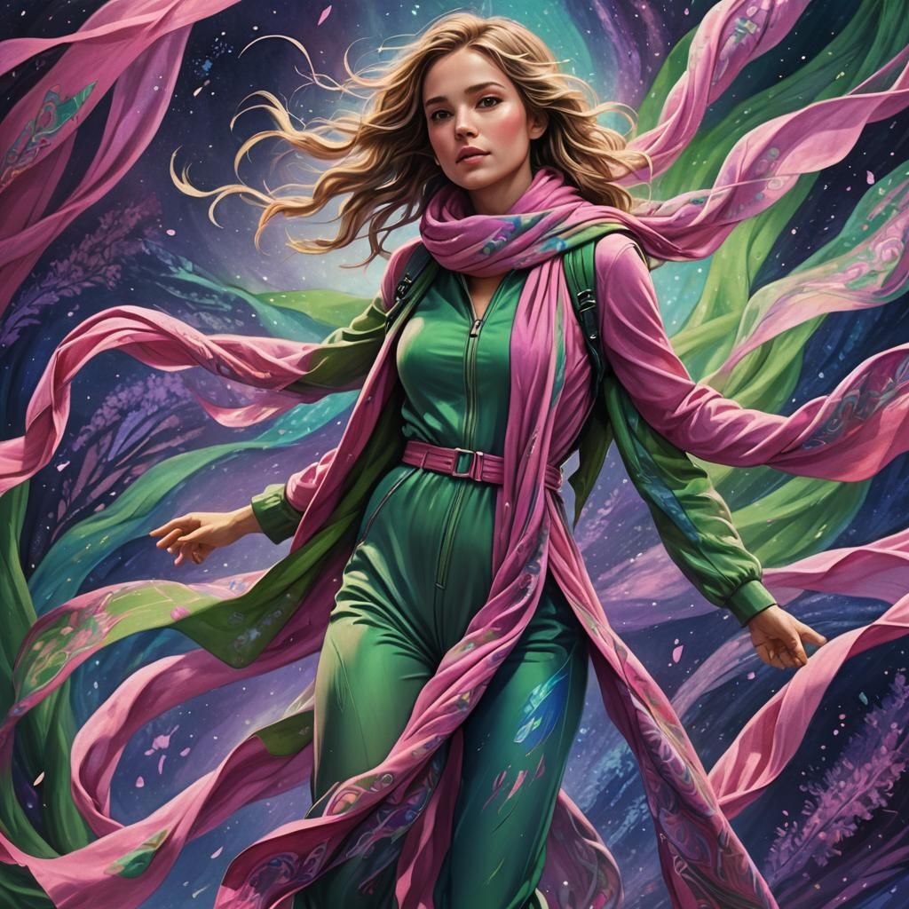 Whimsical Woman in Pink and Green Jumpsuit