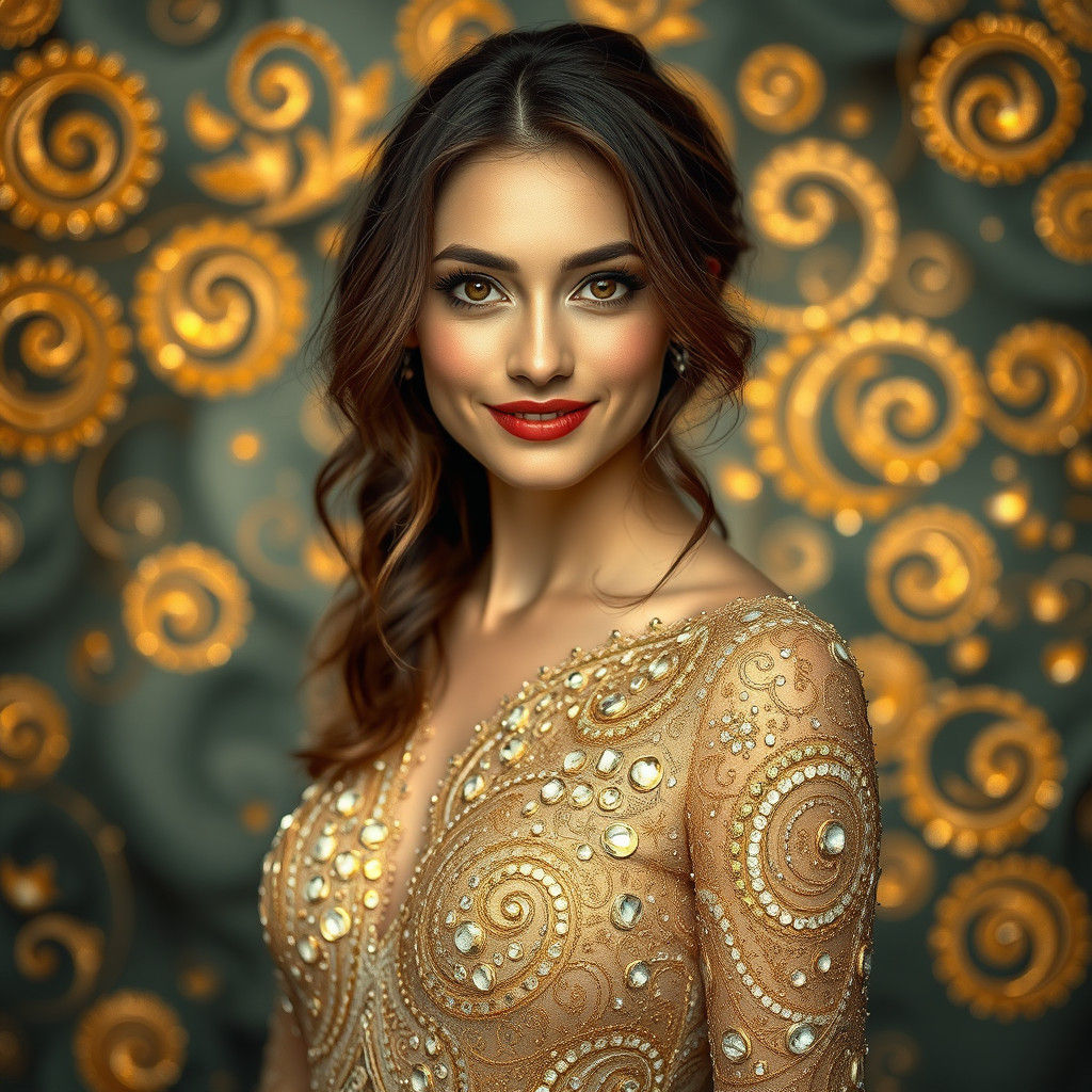 Woman in Gem Dress as Klimt-inspired Art