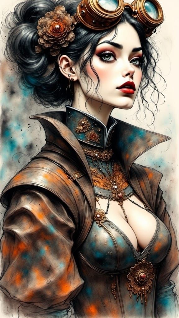 An elegant woman with intricate brass goggles perched on her forehead, wearing a long, fitted brown leather corset adorn...