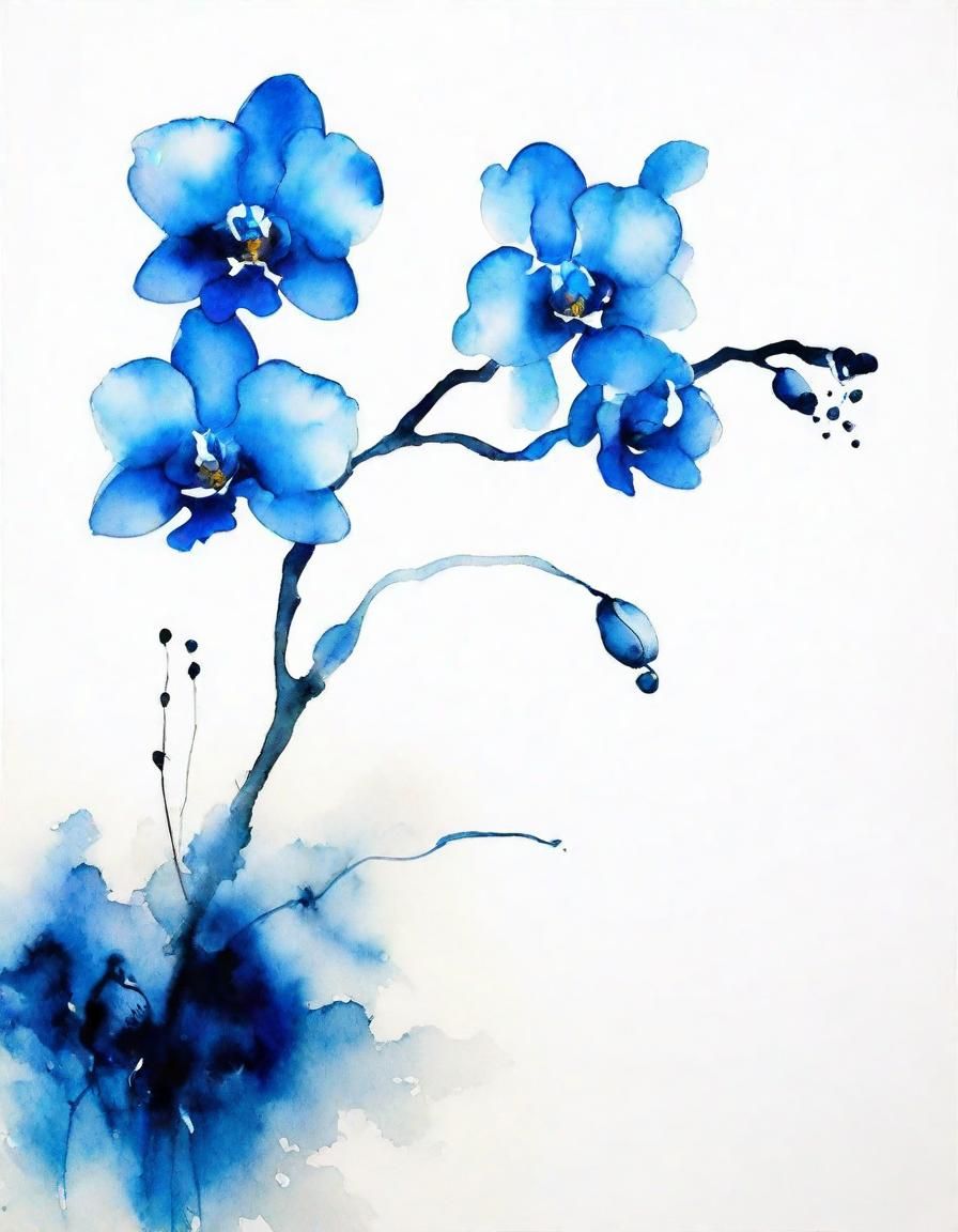Blue Orchid Flowers in Abstract Chinese Ink Style