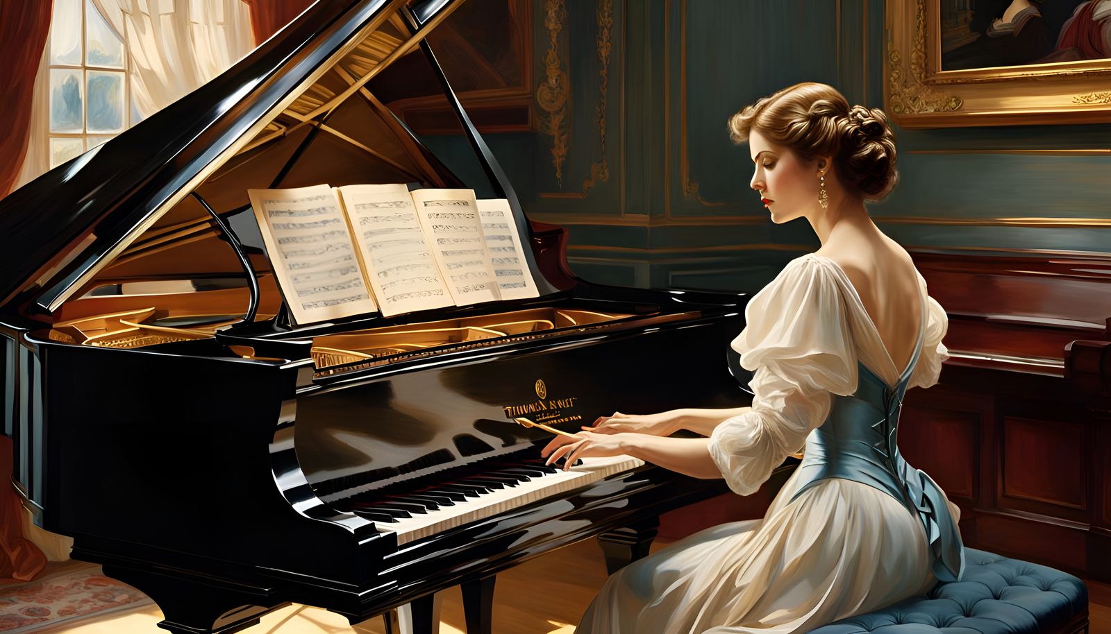 Woman at Grand Piano in Oil Painting Style