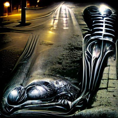 Biomechanical Street Scene with Lone Figure