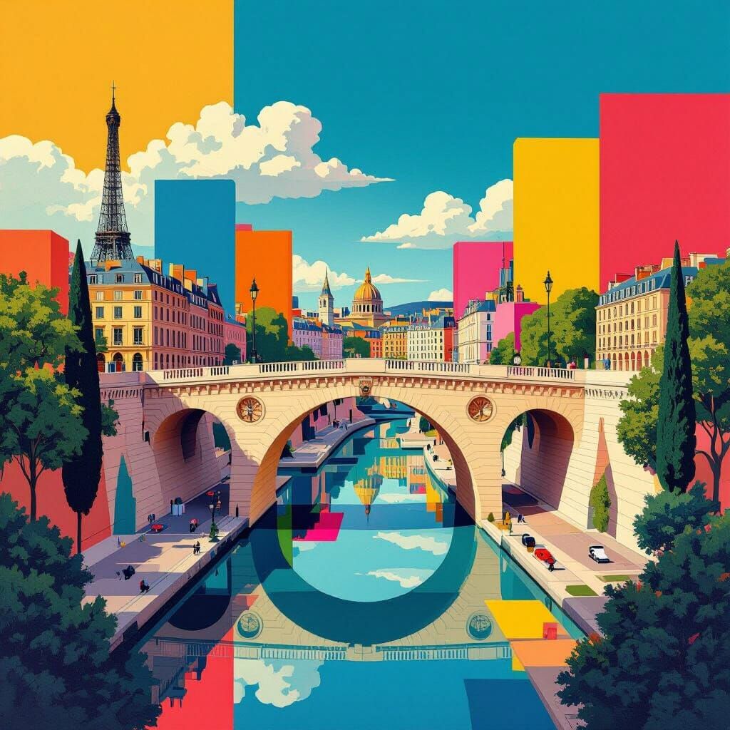 Surreal Bridge Connecting Paris and Rome in Abstract Style