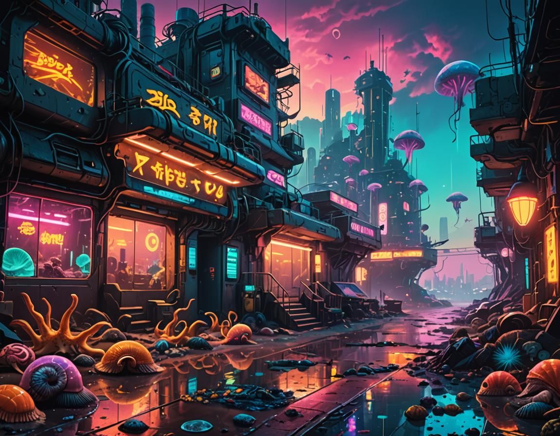 Surreal Shore with Cyberpunk Sea Creatures