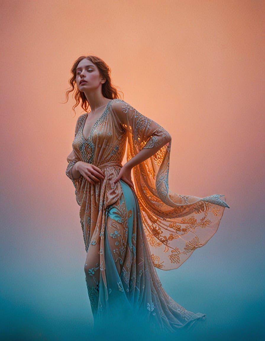 Serene Woman in Art Nouveau Garden at Crepuscule