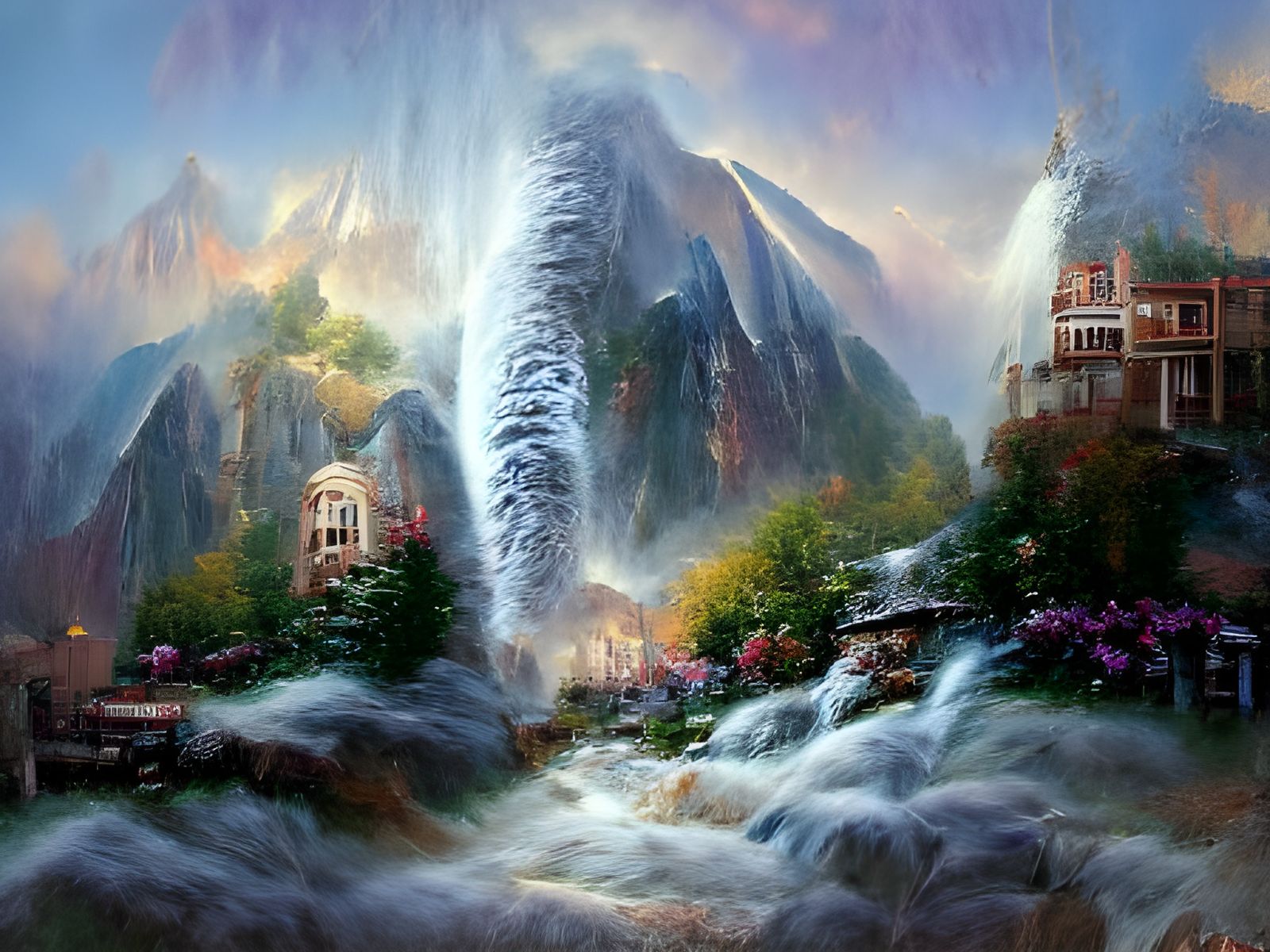 Ethereal Waterfall Cascading Down Misty Mountains