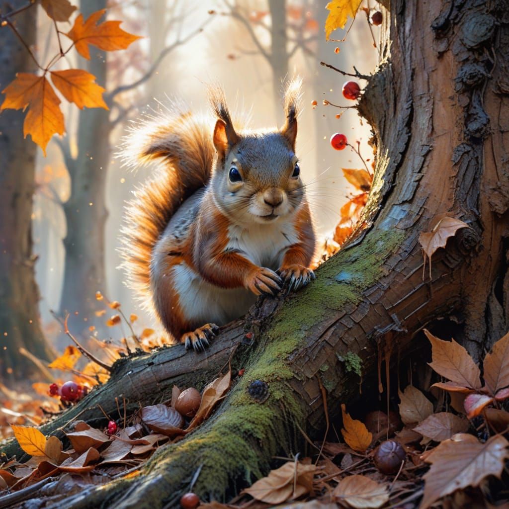 Squirrel Hiding Nuts in Autumn Forest Sunset