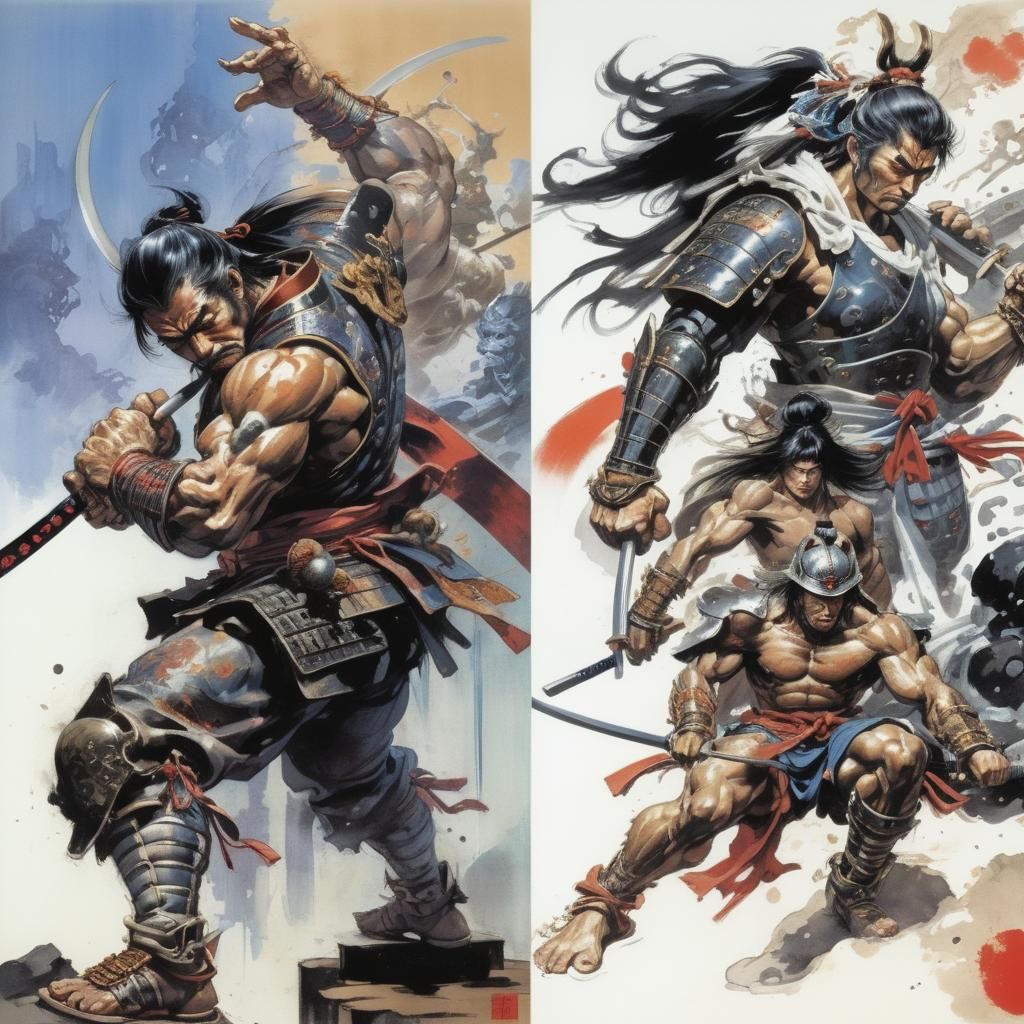 Art by Yoshitaka Amano and Frank Frazetta, traditional samurai warriors, practicing martial arts in a modern gym, using ...