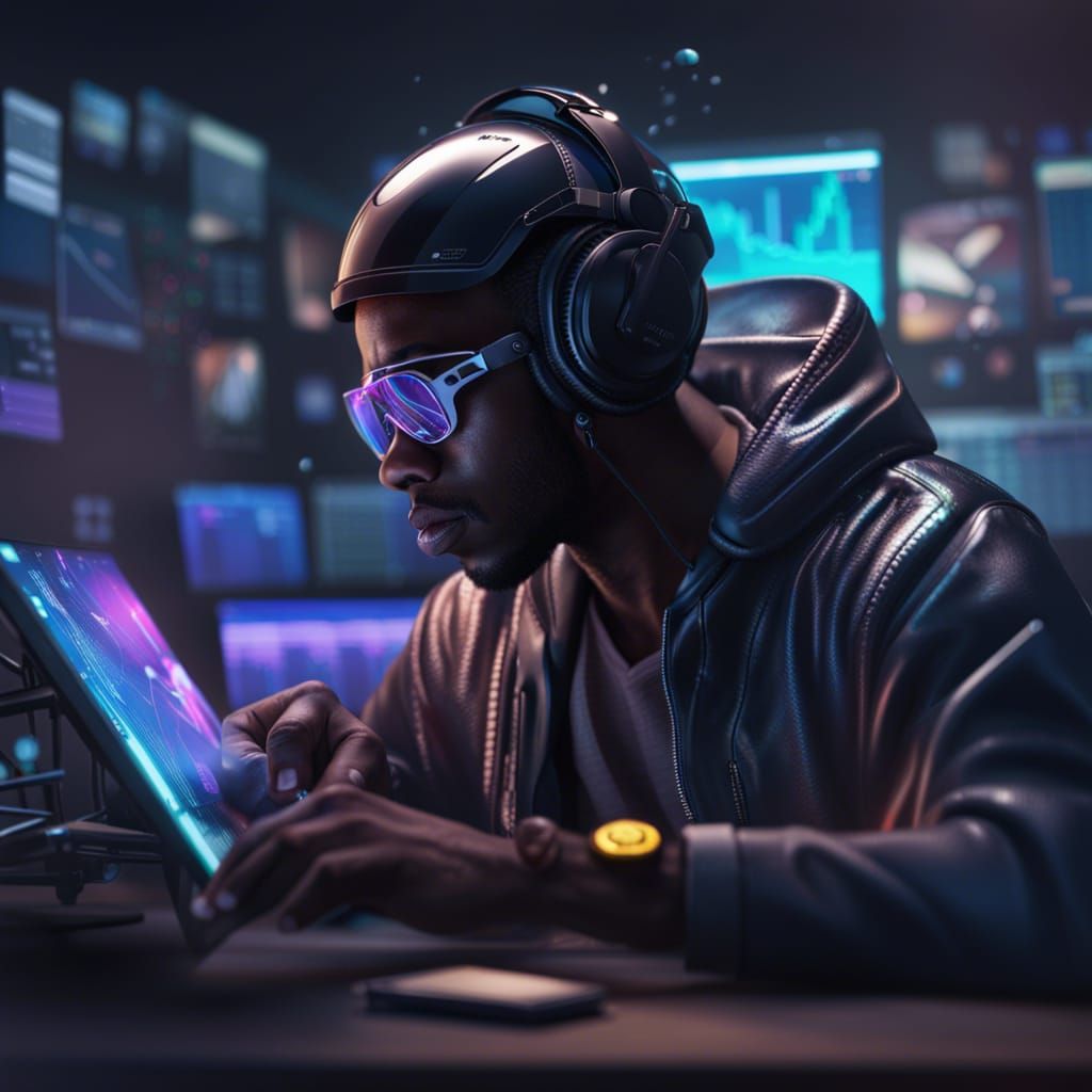 Cryptocurrency Trader with Music Helmet in 8K