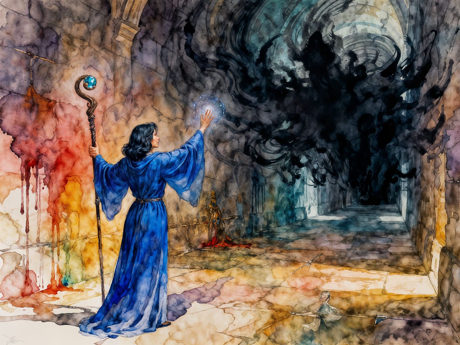 Fantasy Mage Casting Spell in Shadowy Dungeon