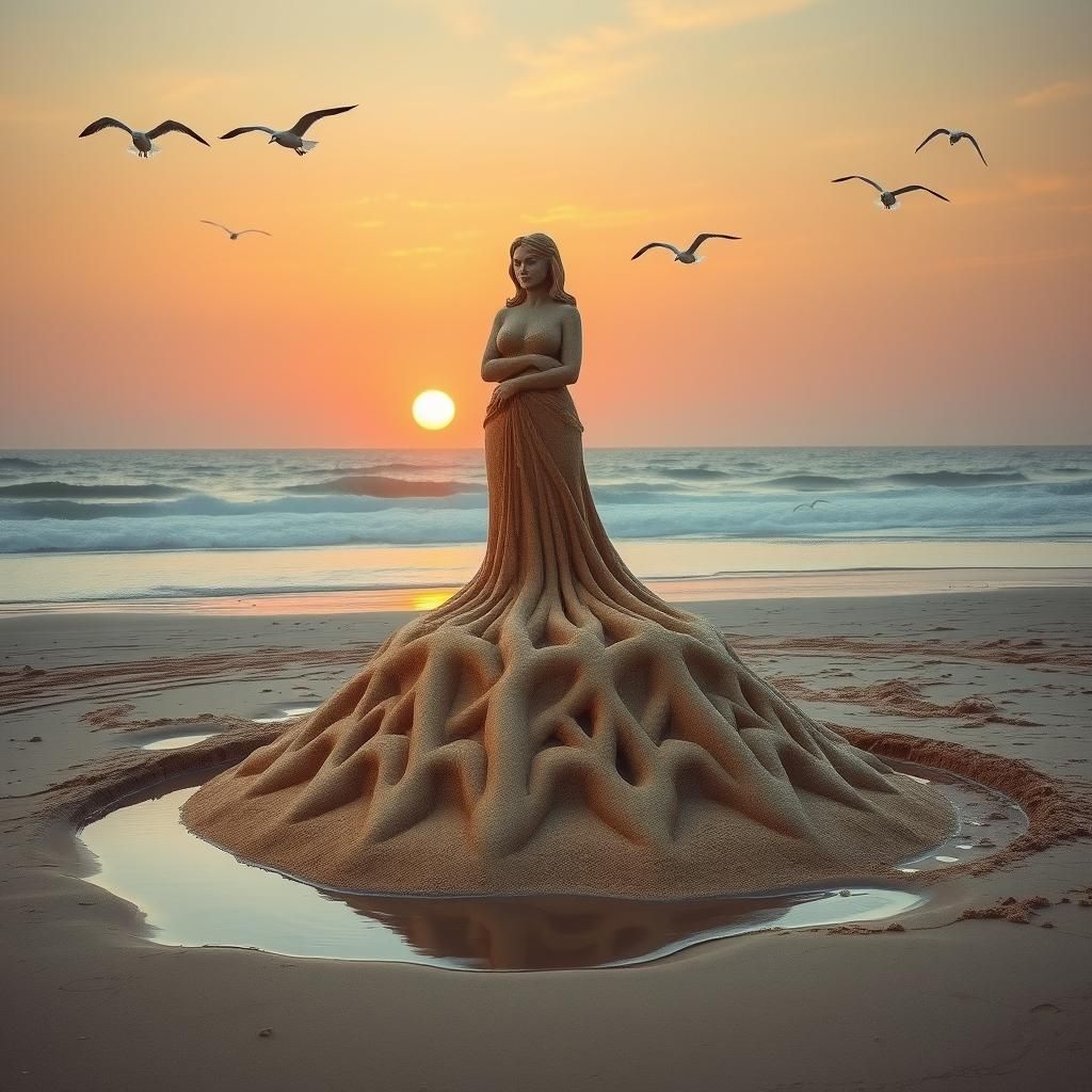 Majestic Sand Castle Sculpture on a Tranquil Beach