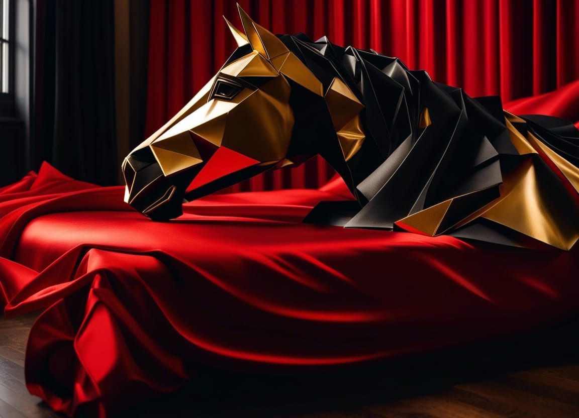 Origami Horse Head Sculpture on Red Satin Bed