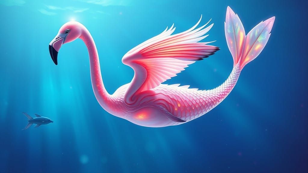 Surreal Oceanic Goddess with Flamingo and Mermaid Traits