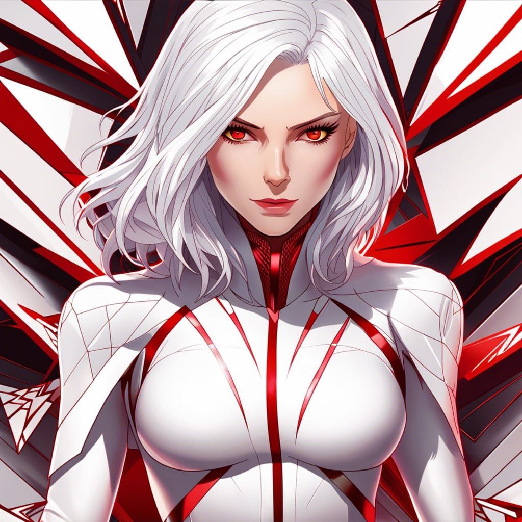 Anime Woman in White Suit with Concentric Triangles